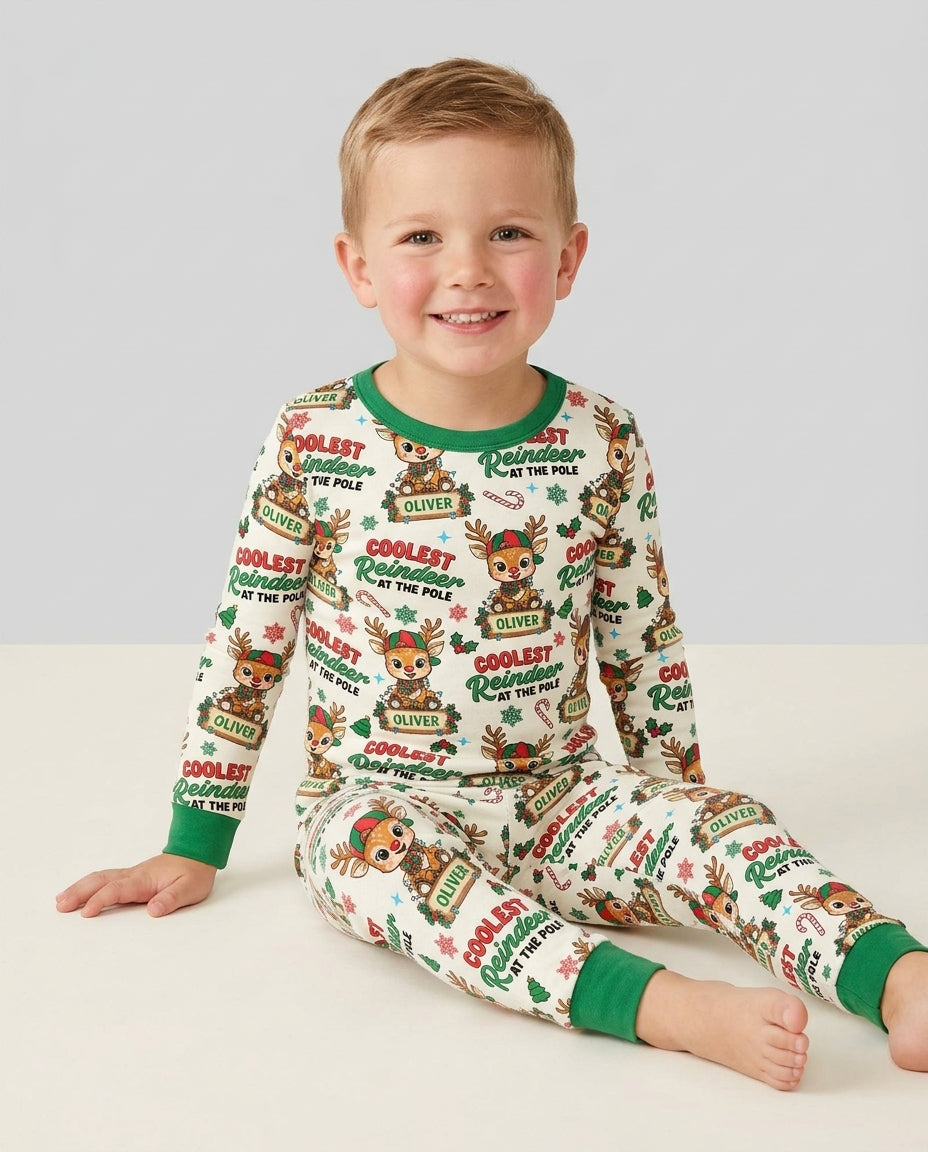 Custom Name Coolest Reindeer At The Pole Bamboo Two Piece Long Sleeve Pajama Set