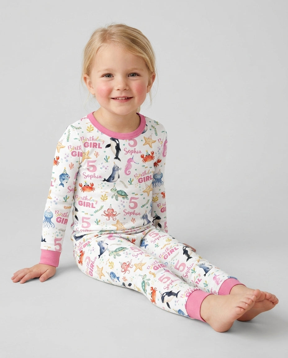 Birthday Under The Sea Custom Name & Age Bamboo Two Piece Long Sleeve Pajama Set
