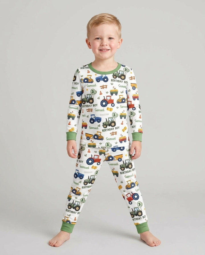 Custom Name and Age Tractor Birthday Boy Bamboo Two Piece Long Sleeve Pajama Set