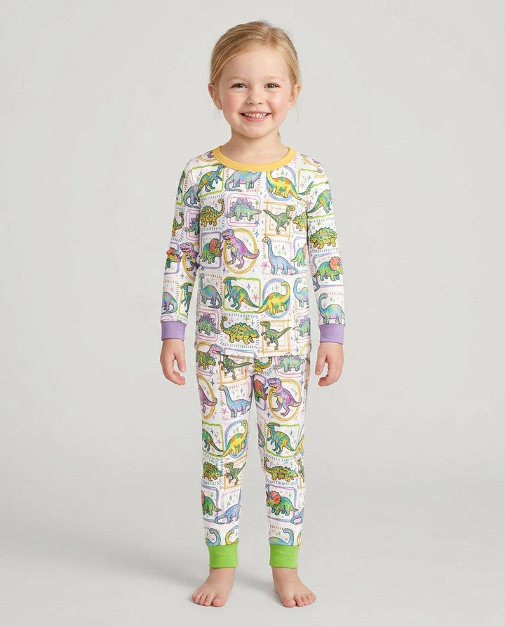 Dinosaur Colorful Stamps Bamboo Two Piece Long Sleeve Pajama Set