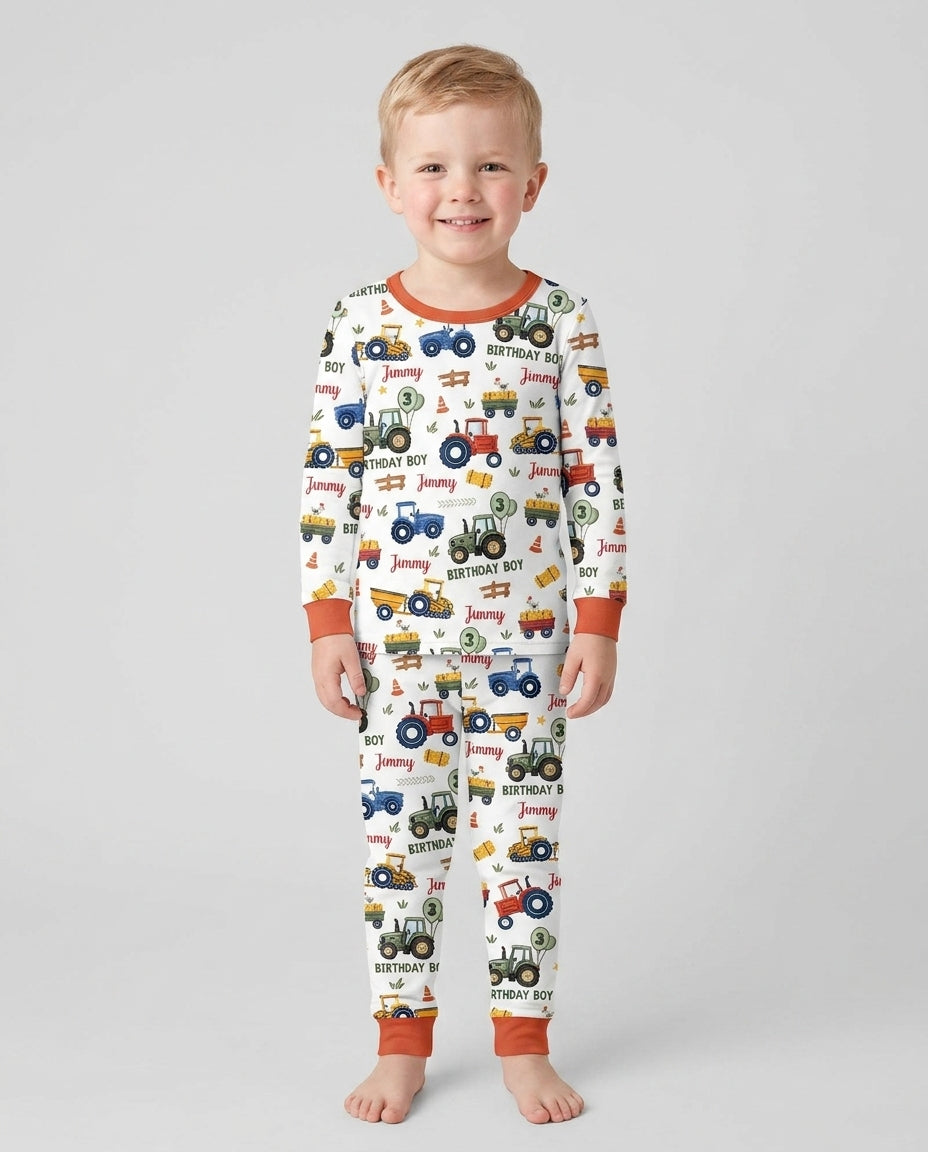 Custom Name and Age Tractor Birthday Boy Bamboo Two Piece Long Sleeve Pajama Set