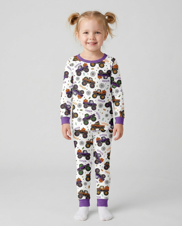 Custom Name Halloween Monster Truck Bamboo Two Piece Long Sleeve Pajama Set