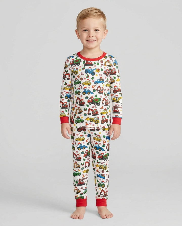 Excavator Christmas Trucks Bamboo Two Piece Long Sleeve Pajama Set