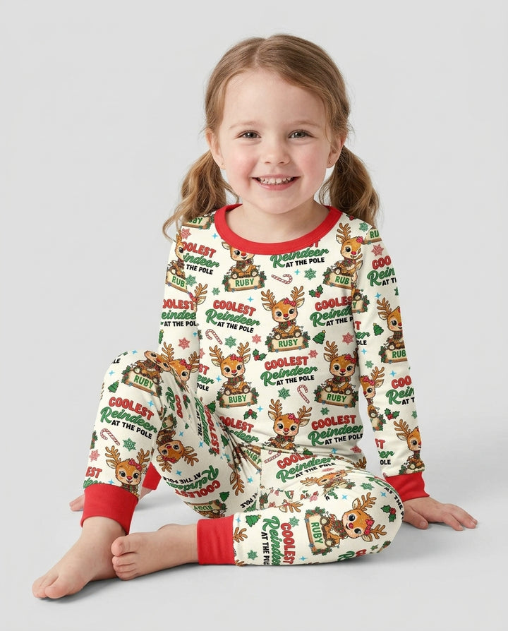 Custom Name Coolest Reindeer At The Pole Bamboo Two Piece Long Sleeve Pajama Set