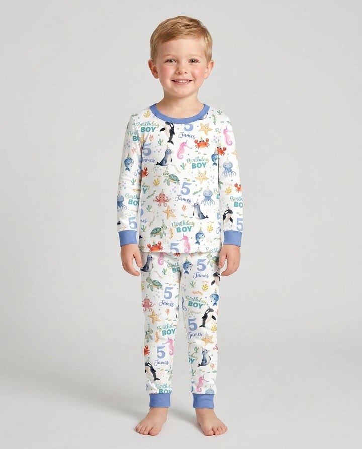 Birthday Under The Sea Custom Name & Age Bamboo Two Piece Long Sleeve Pajama Set