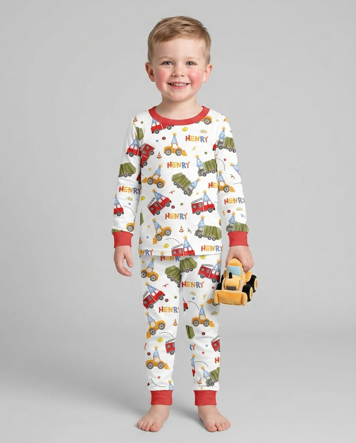 Personalized Birthday Trucks Bamboo Two Piece Long Sleeve Pajama Set