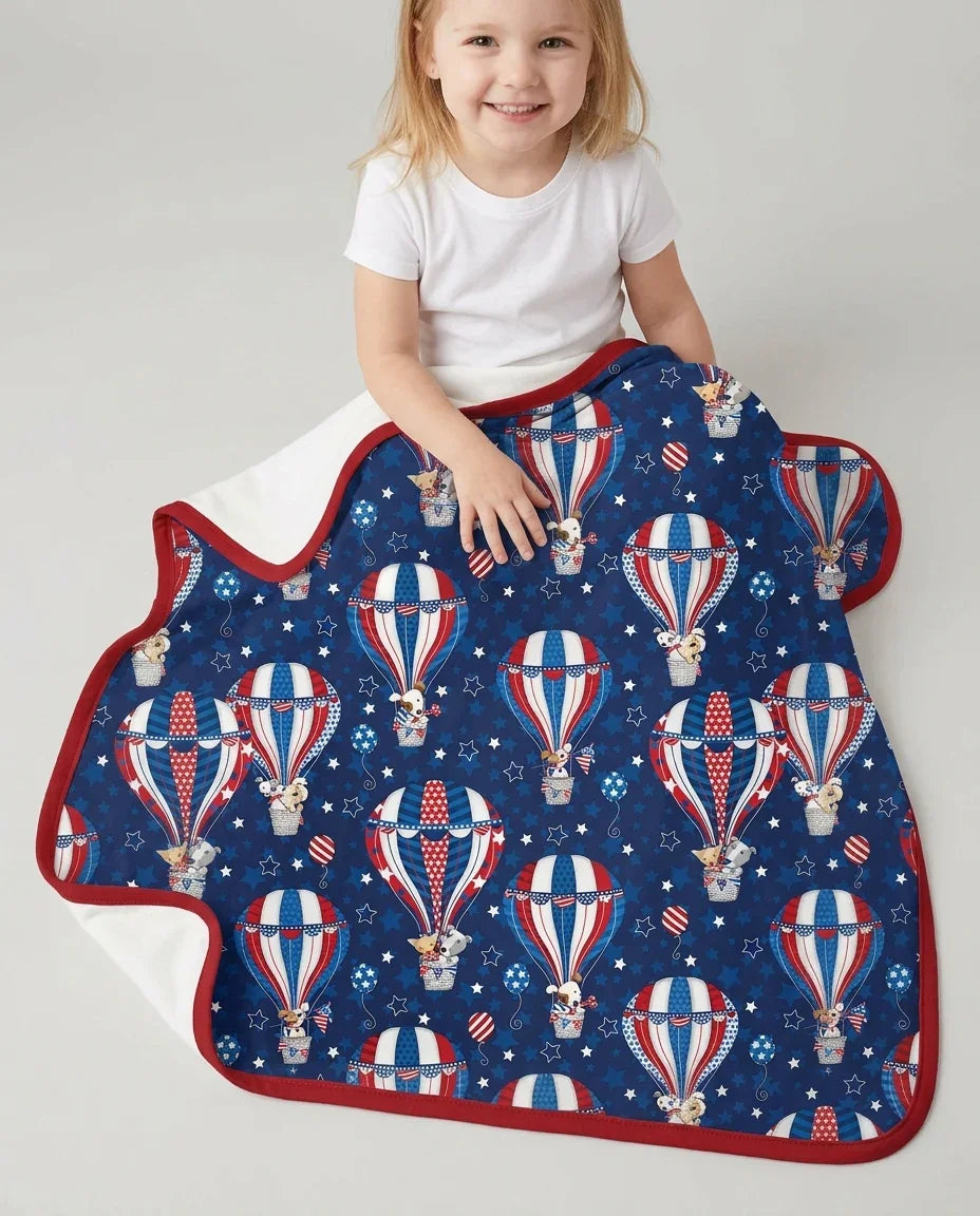 Patriotic Pups in Hot Air Balloons Family Matching Bamboo Blanket