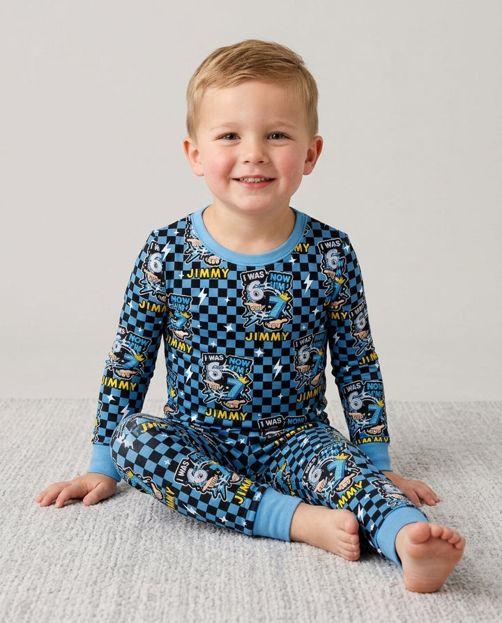 I Was 6 Now I'm 7 Boys Birthday Bamboo Two Piece Long Sleeve Pajama Set