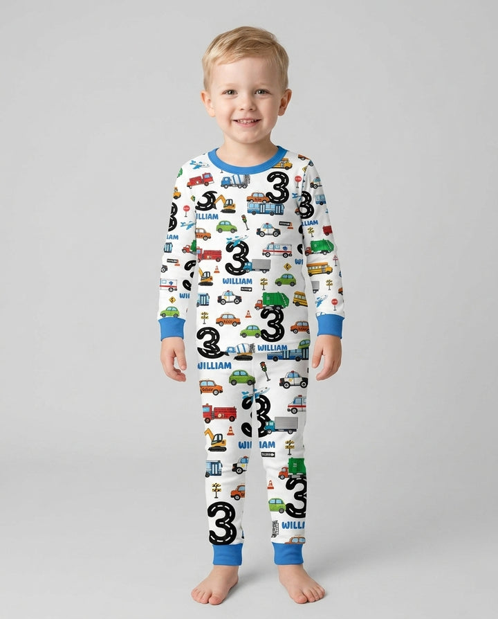 Personalized Birthday Boy Transportation Vehicles Bamboo Two Piece Long Sleeve Pajama Set