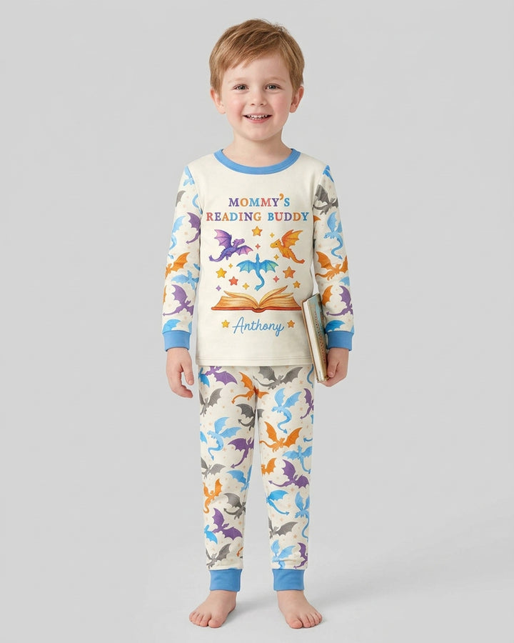 Custom Name Dragon Reading Buddy Bamboo Two Piece Long Sleeve Pajama Set