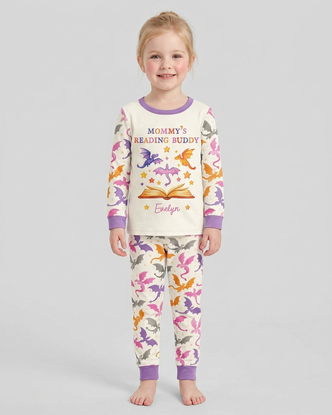 Custom Name Dragon Reading Buddy Bamboo Two Piece Long Sleeve Pajama Set