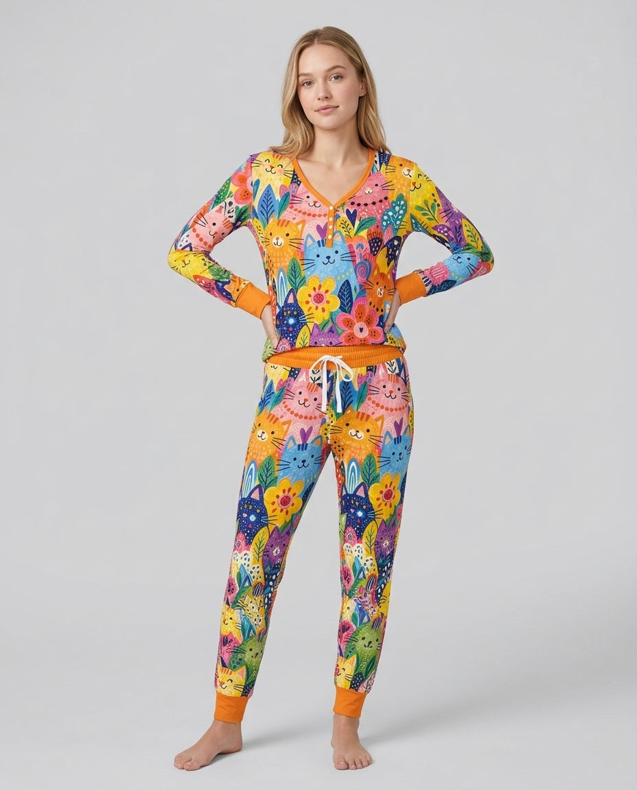 Colorful Lovely Cat Bamboo Women Pajama Set