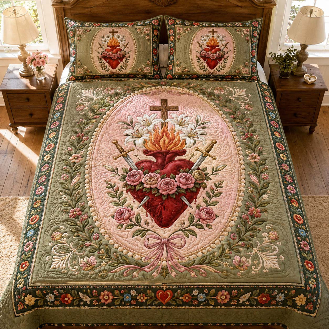 Immaculate Heart Floral Devotion Bamboo Quilt Bedding Set