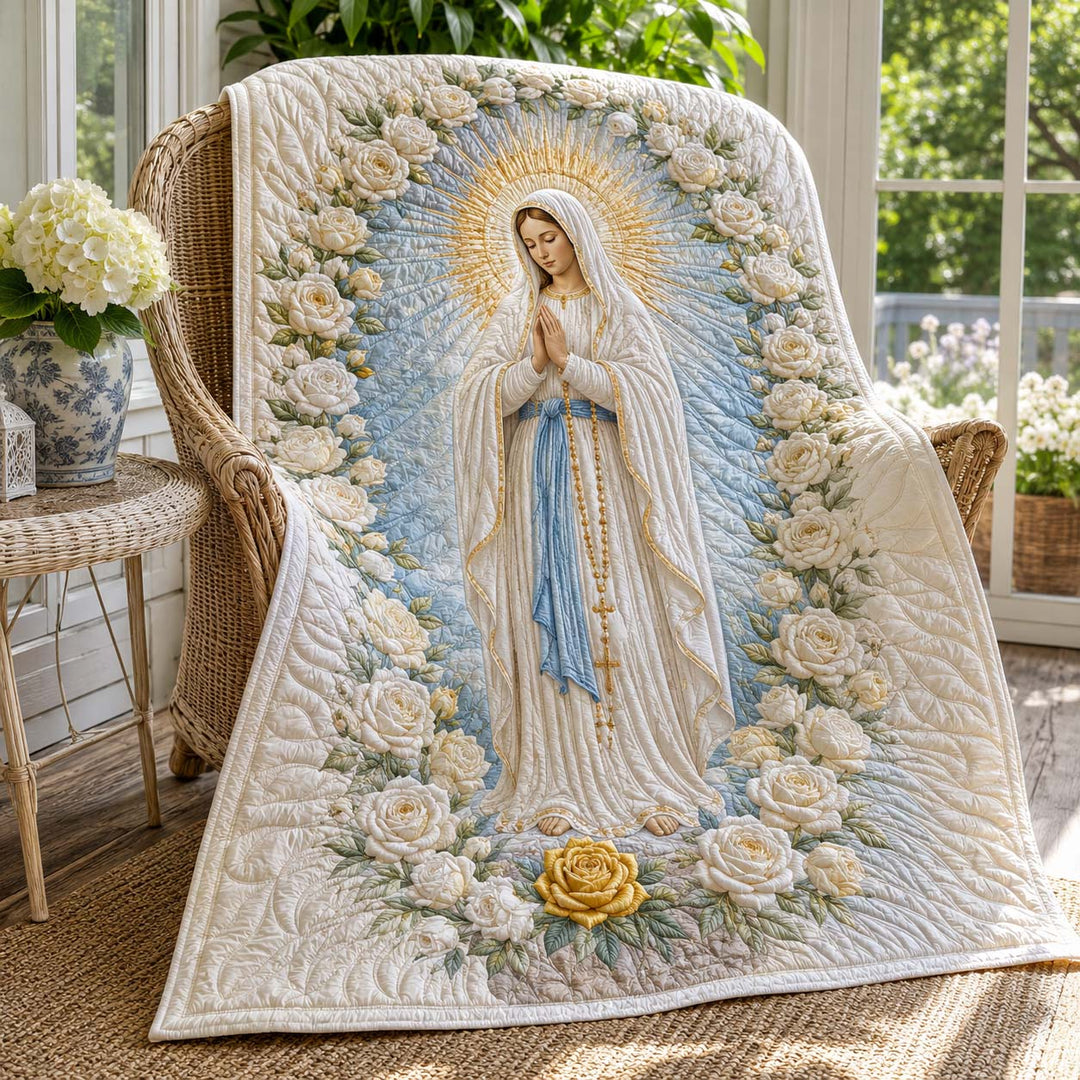 Immaculate Mary Among White Roses Bamboo Quilt Blanket