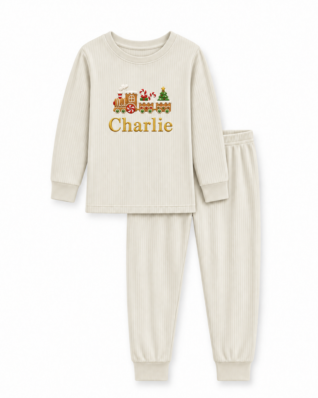 Gingerbread Train Embroidered Ribbed Bamboo Two Piece Long Sleeve Pajama Set