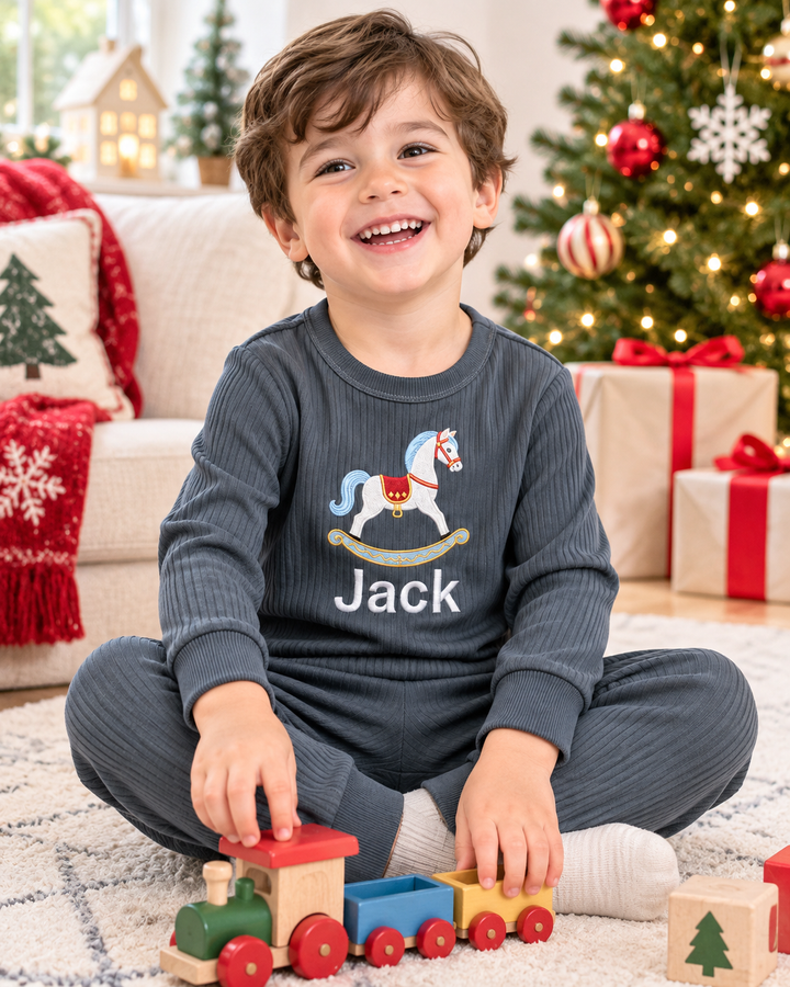 Royal Rocking Horse Embroidered Ribbed Bamboo Two Piece Long Sleeve Pajama Set