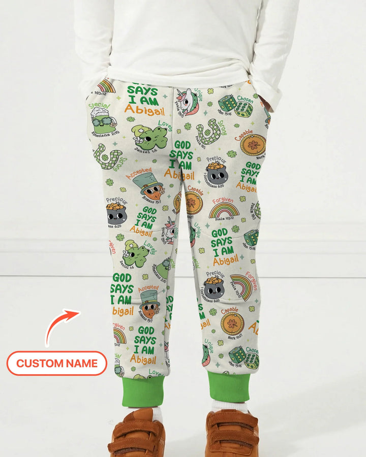 Personalisierte „Gott sagt, ich bin“-Bambus-Jogginghose im Partnerlook für die Familie zum St. Patrick's Day