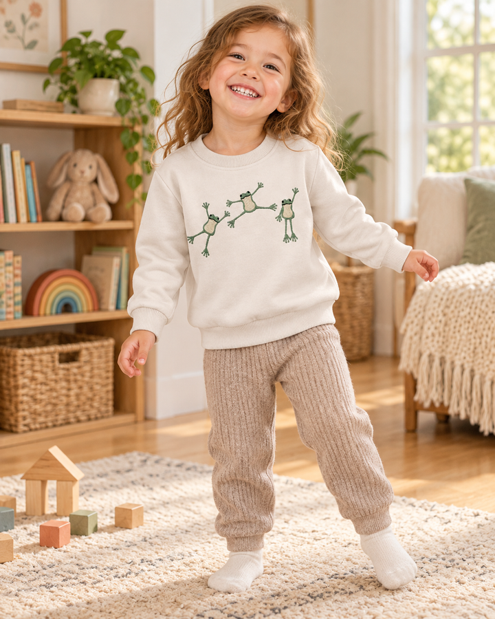 Cute Frog Embroidered Bamboo Crewneck Sweatshirt