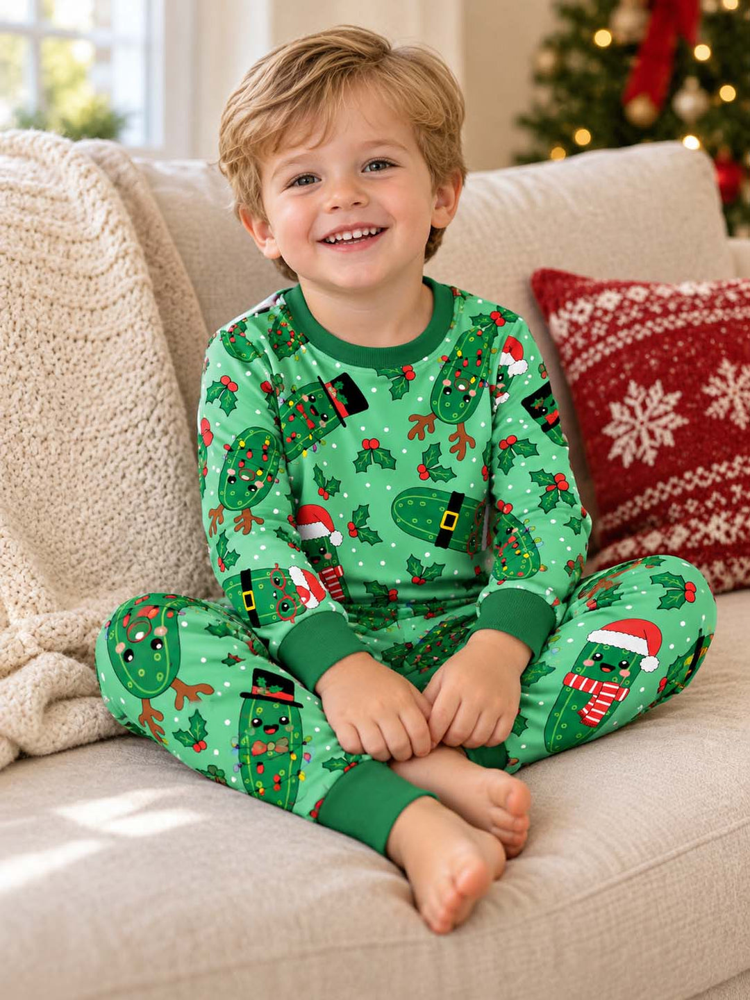 Kawaii Christmas Pickle Friends Bamboo Two Piece Long Sleeve Pajama Set