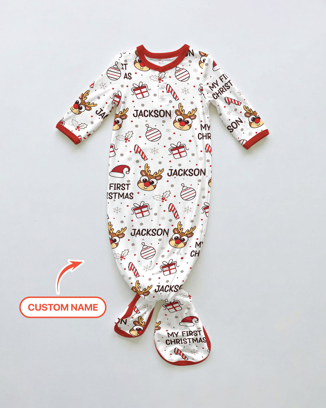 Custom Name Reindeer Doodle My First Christmas Bamboo Knot Gown