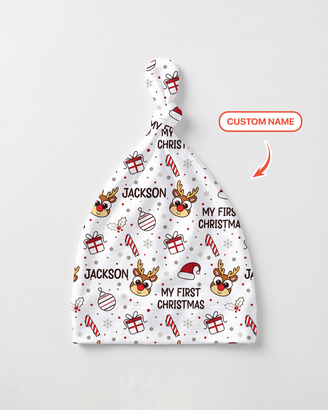 Custom Name Reindeer Doodle My First Christmas Bamboo Knotted Hat