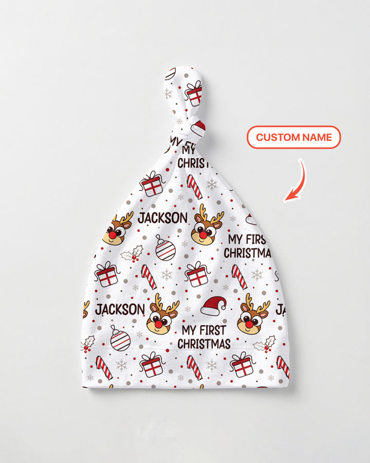 Custom Name Reindeer Doodle My First Christmas Bamboo Knotted Hat