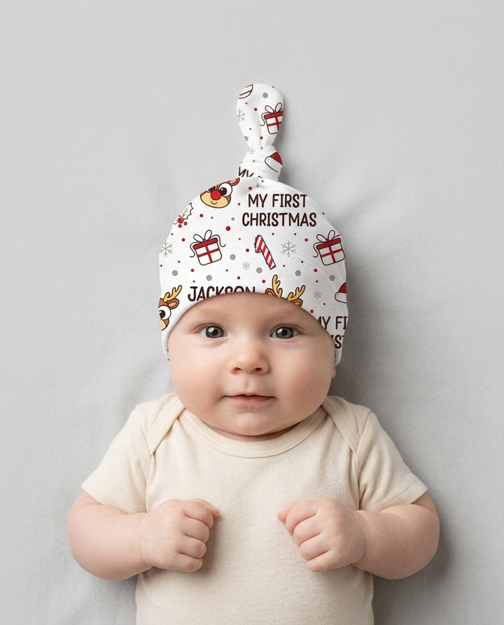 Custom Name Reindeer Doodle My First Christmas Bamboo Knotted Hat
