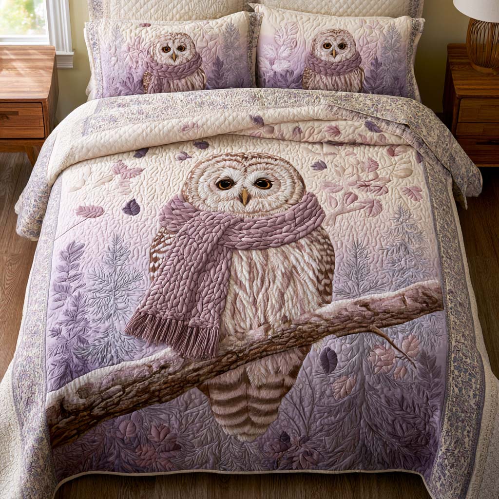 Lavender Winter Owl Bamboo Quilt Bedding Set