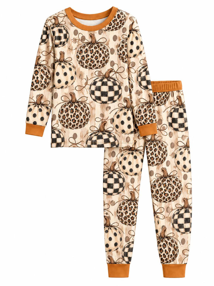 Leopard Plaid Pumpkin Bows Bamboo Two Piece Long Sleeve Pajama Set