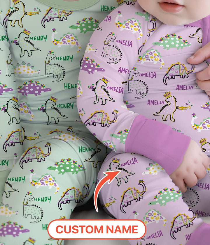 Custom Name Mardi Gras Saurus Bamboo Two Piece Long Sleeve Pajama Set