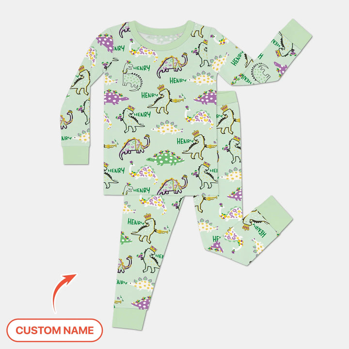 Custom Name Mardi Gras Saurus Bamboo Two Piece Long Sleeve Pajama Set