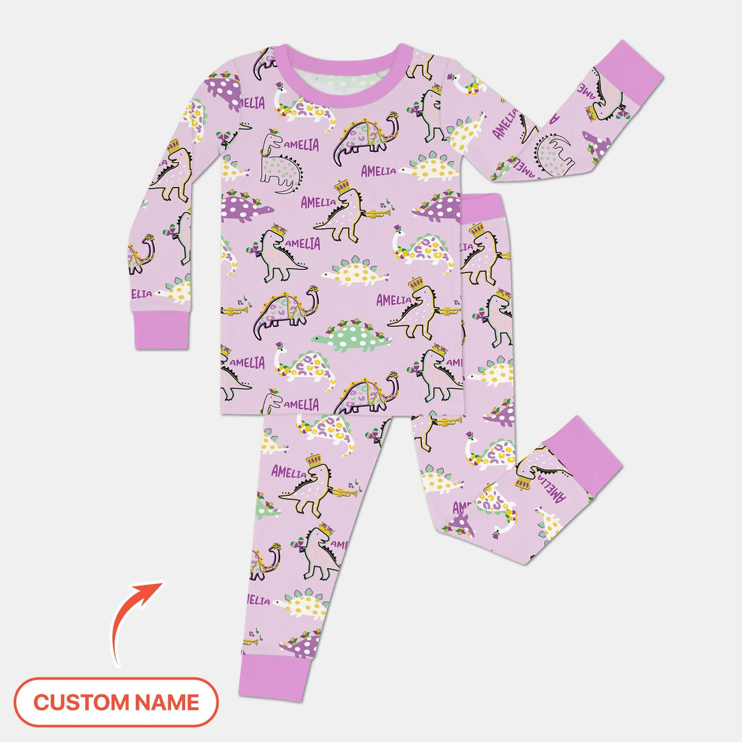 Custom Name Mardi Gras Saurus Bamboo Two Piece Long Sleeve Pajama Set