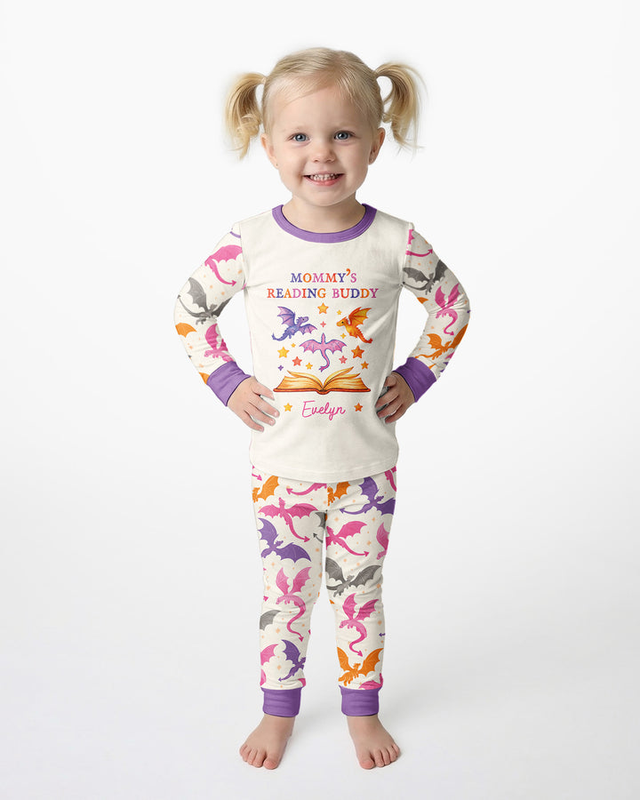 Custom Name Dragon Reading Buddy Bamboo Two Piece Long Sleeve Pajama Set