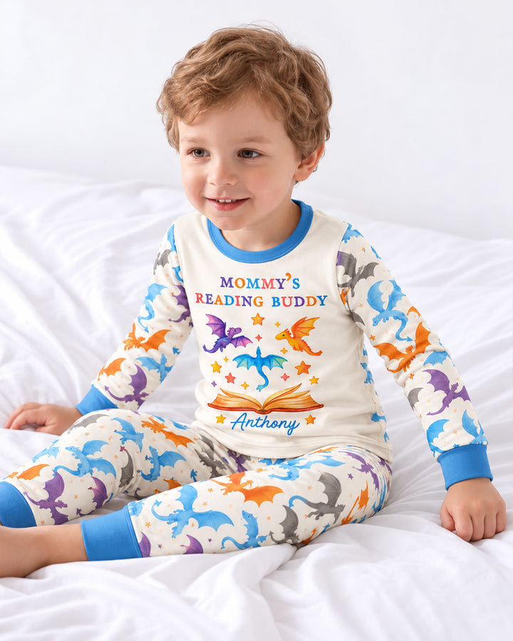 Custom Name Dragon Reading Buddy Bamboo Two Piece Long Sleeve Pajama Set