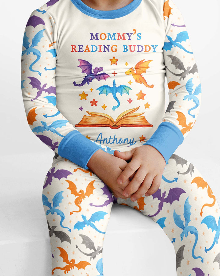 Custom Name Dragon Reading Buddy Bamboo Two Piece Long Sleeve Pajama Set