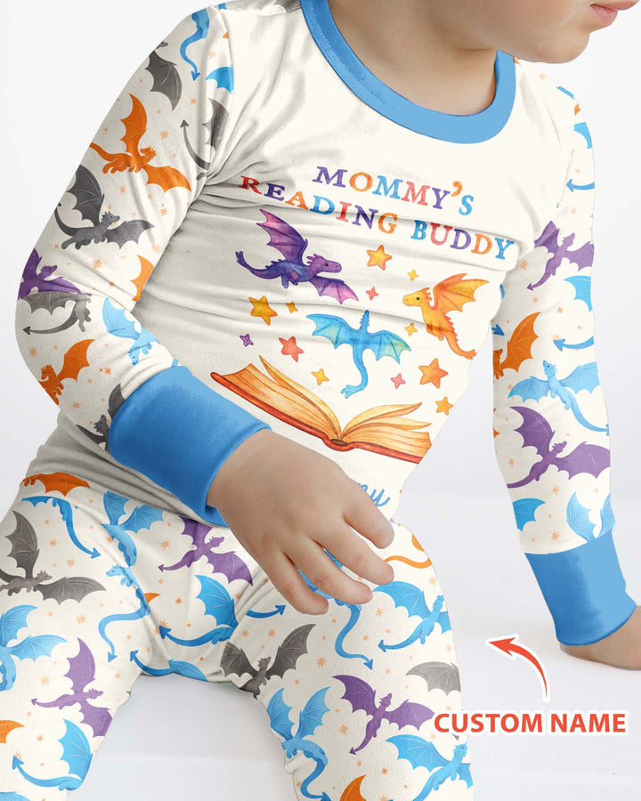 Custom Name Dragon Reading Buddy Bamboo Two Piece Long Sleeve Pajama Set