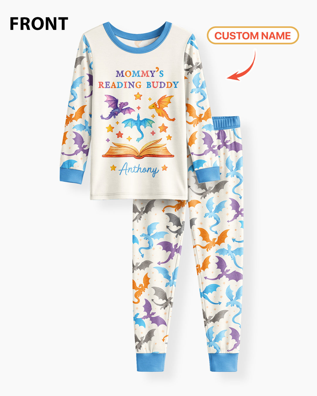 Custom Name Dragon Reading Buddy Bamboo Two Piece Long Sleeve Pajama Set