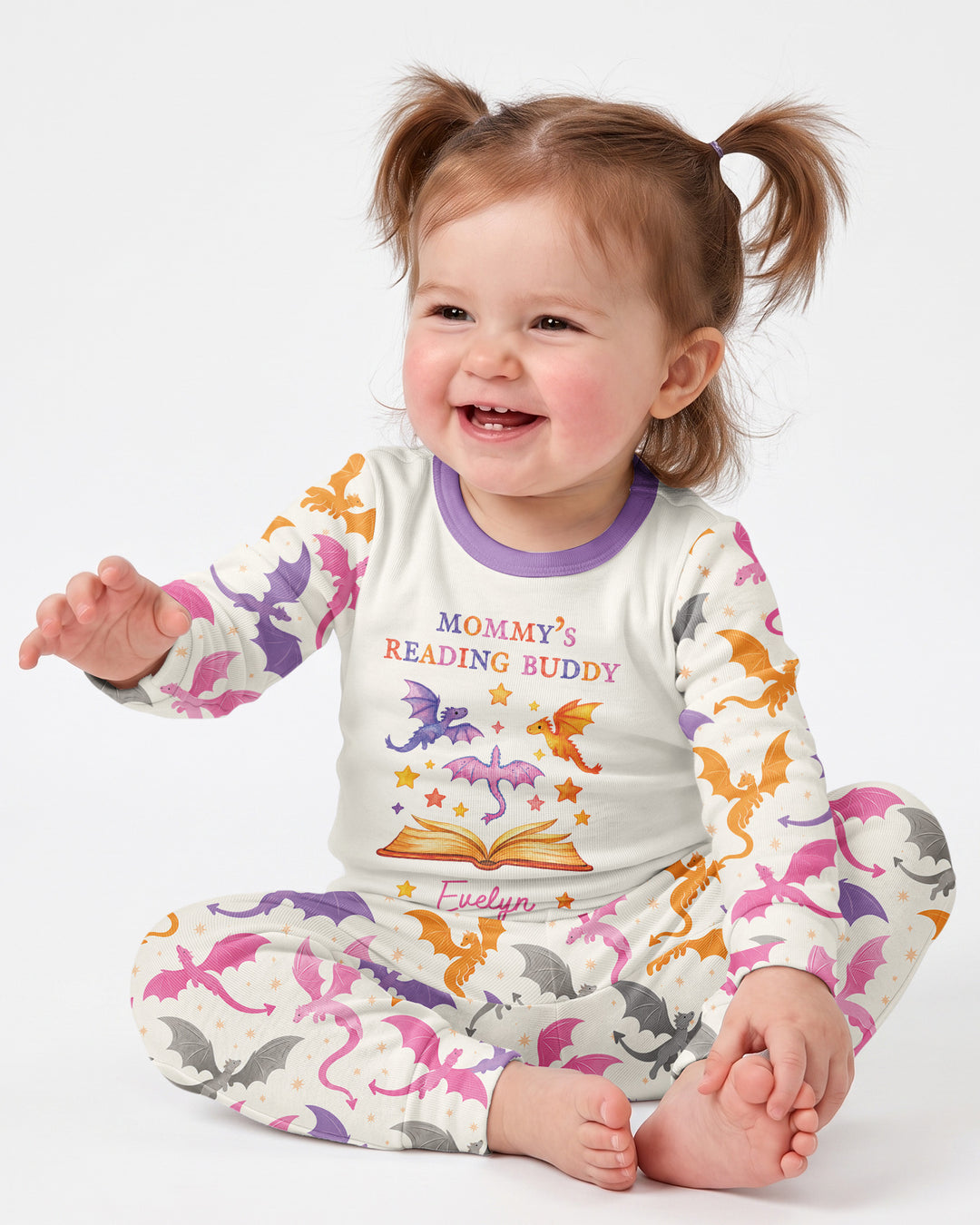 Custom Name Dragon Reading Buddy Bamboo Two Piece Long Sleeve Pajama Set
