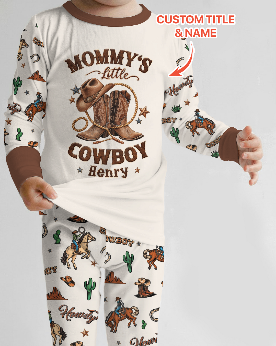 Personalized Family's Little Cowboy Bamboo Two Piece Long Sleeve Pajama Set