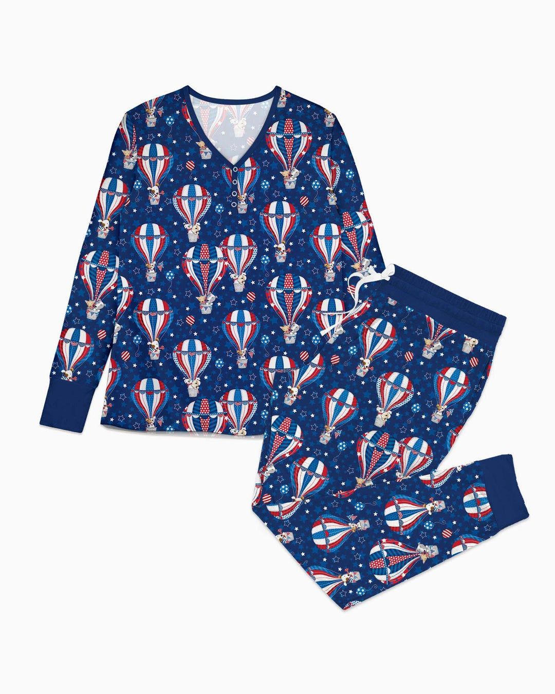Patriotische Welpen in Heißluftballons Familien-Pyjama-Set aus Bambus für Damen