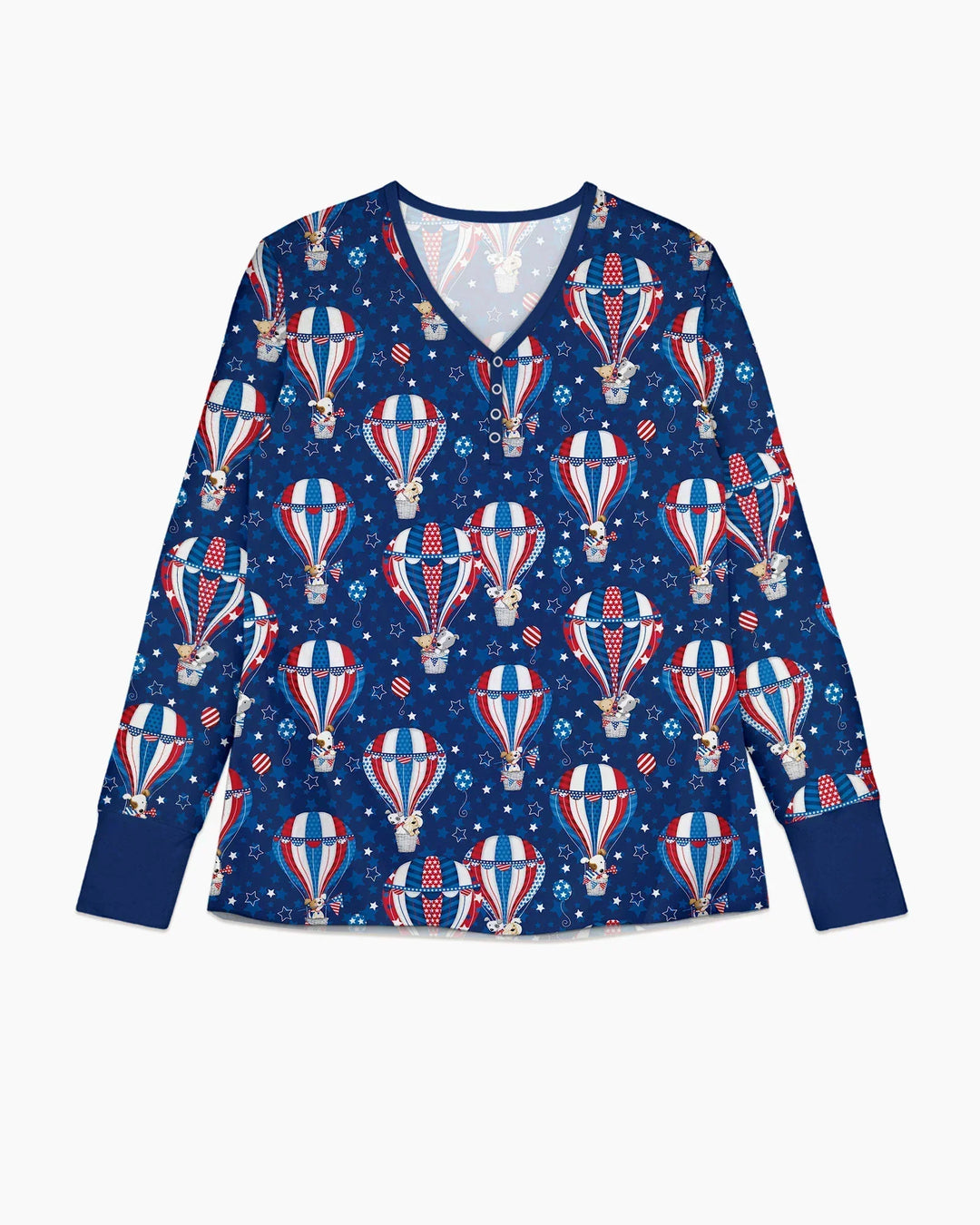 Patriotische Welpen in Heißluftballons Familien-Pyjama-Set aus Bambus für Damen