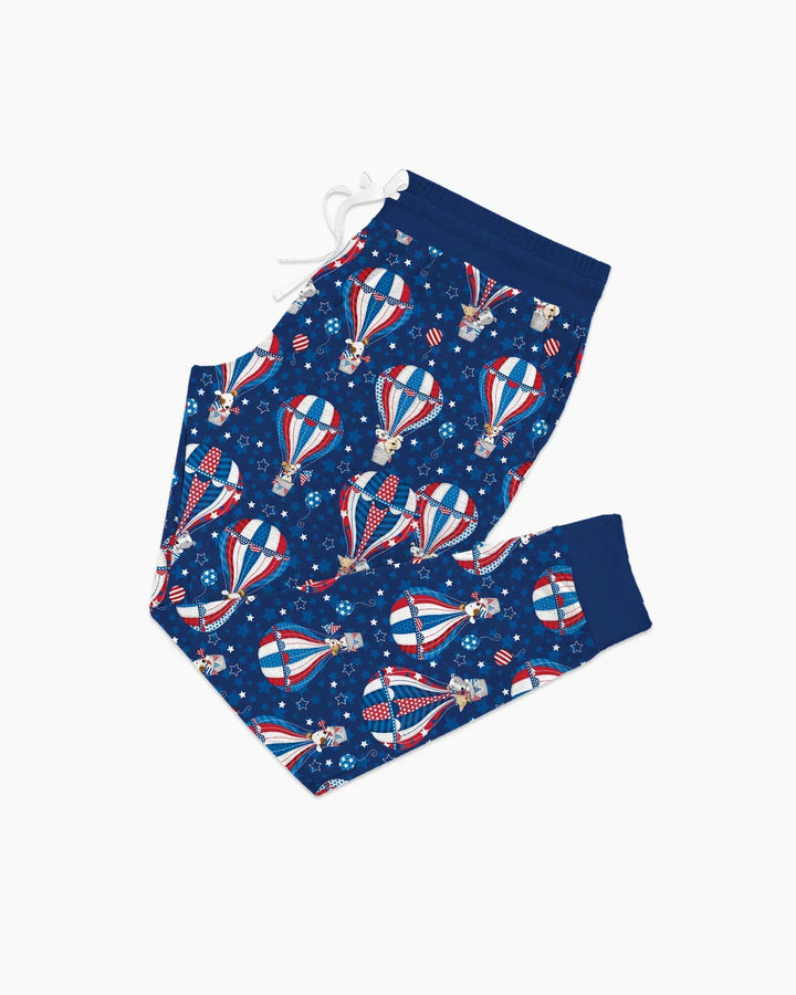 Patriotische Welpen in Heißluftballons Familien-Pyjama-Set aus Bambus für Damen