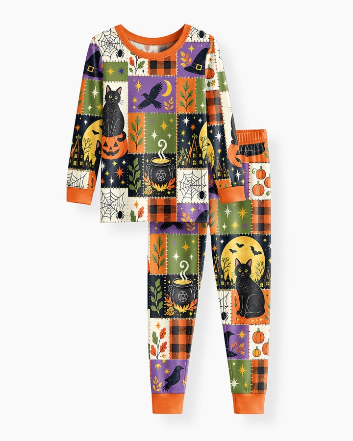 Halloween Black Cat Patchwork Bamboo Two Piece Long Sleeve Pajama Set