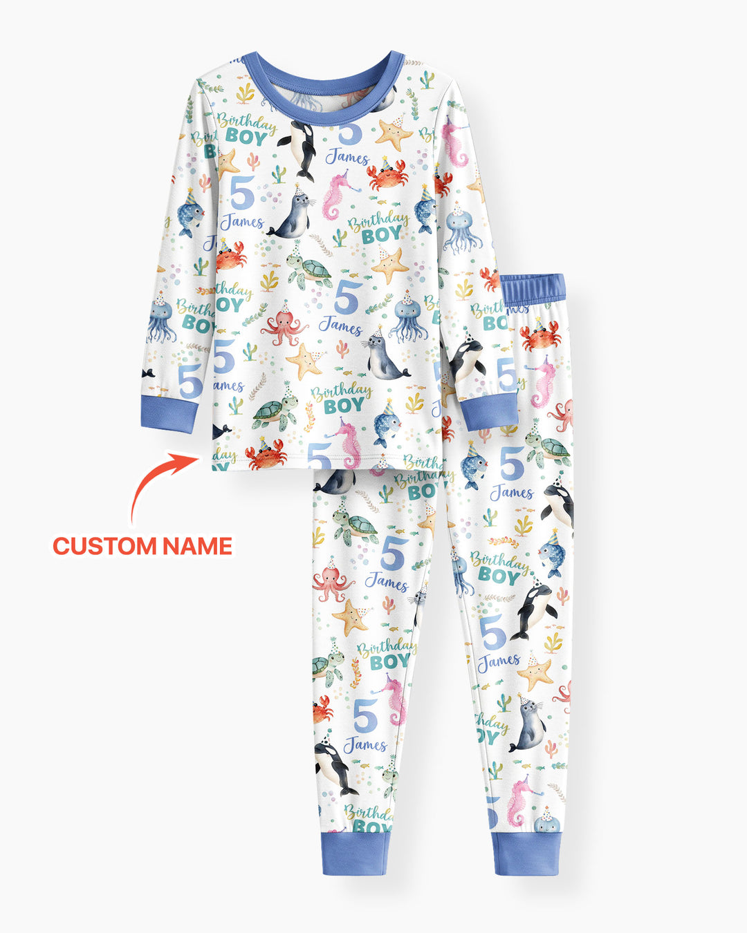 Birthday Under The Sea Custom Name & Age Bamboo Two Piece Long Sleeve Pajama Set