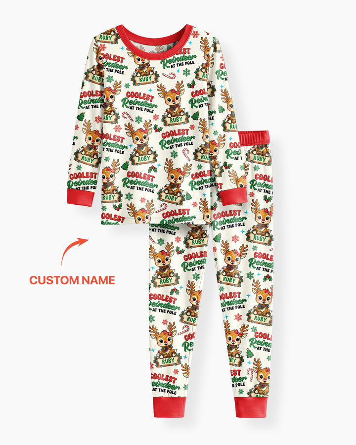 Custom Name Coolest Reindeer At The Pole Bamboo Two Piece Long Sleeve Pajama Set