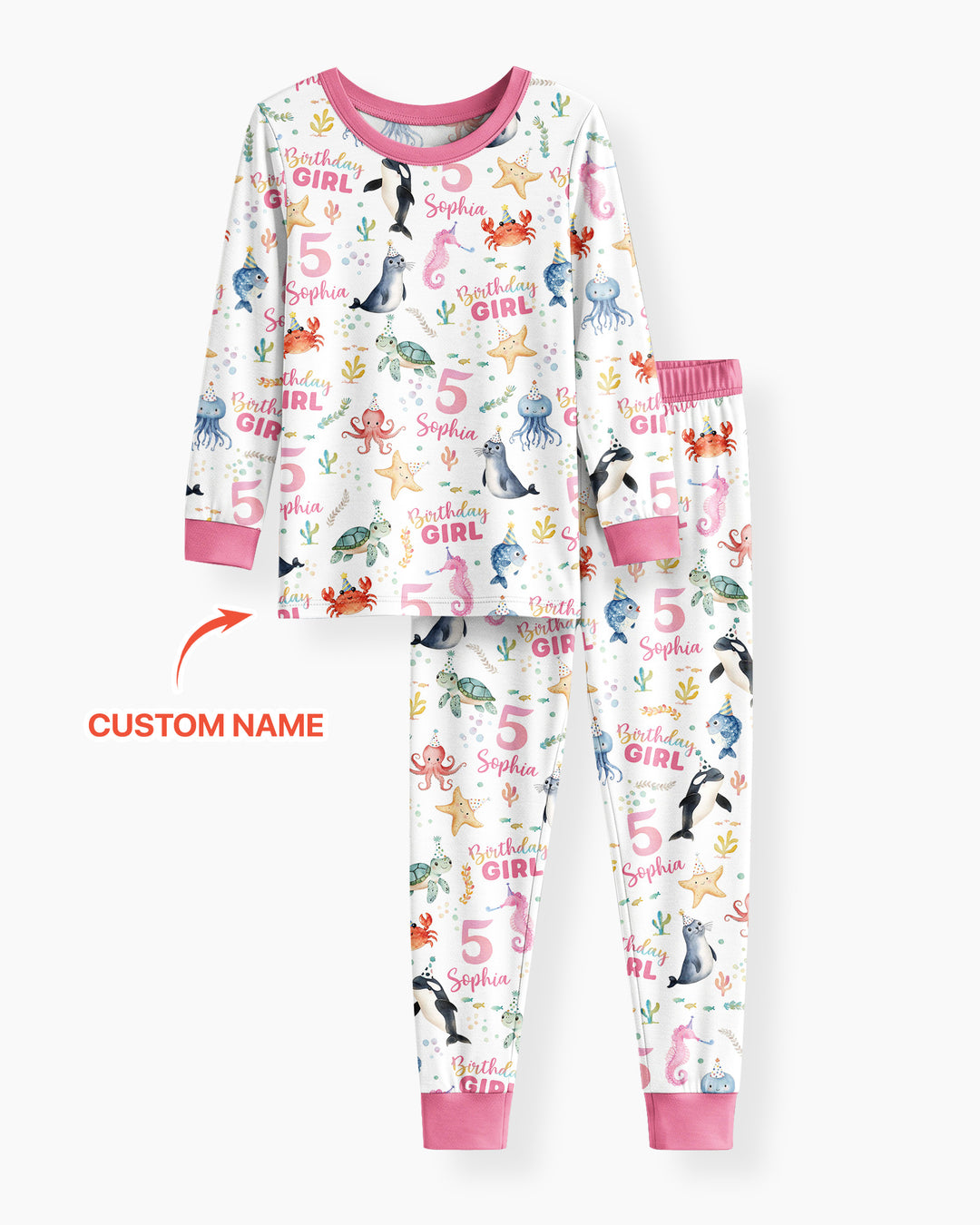 Birthday Under The Sea Custom Name & Age Bamboo Two Piece Long Sleeve Pajama Set