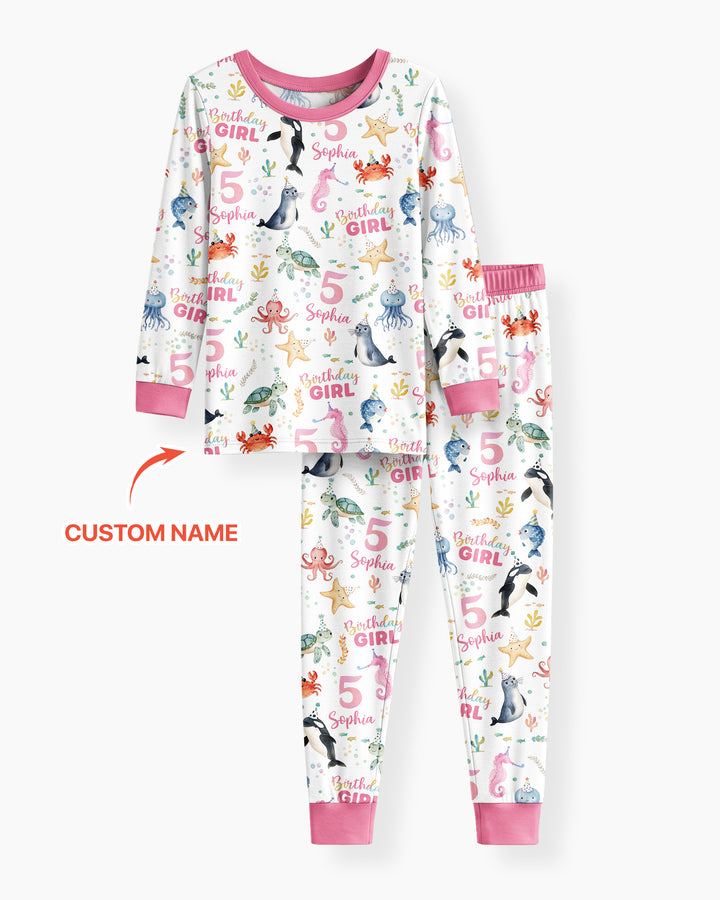 Birthday Under The Sea Custom Name & Age Bamboo Two Piece Long Sleeve Pajama Set