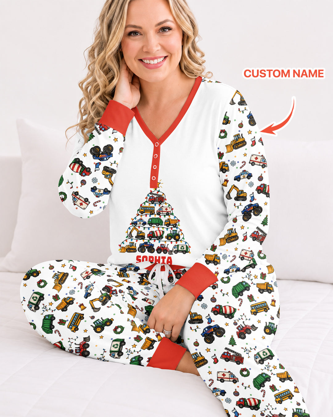 Custom Name Little Trucks Christmas Tree Bamboo Women Pajama Set