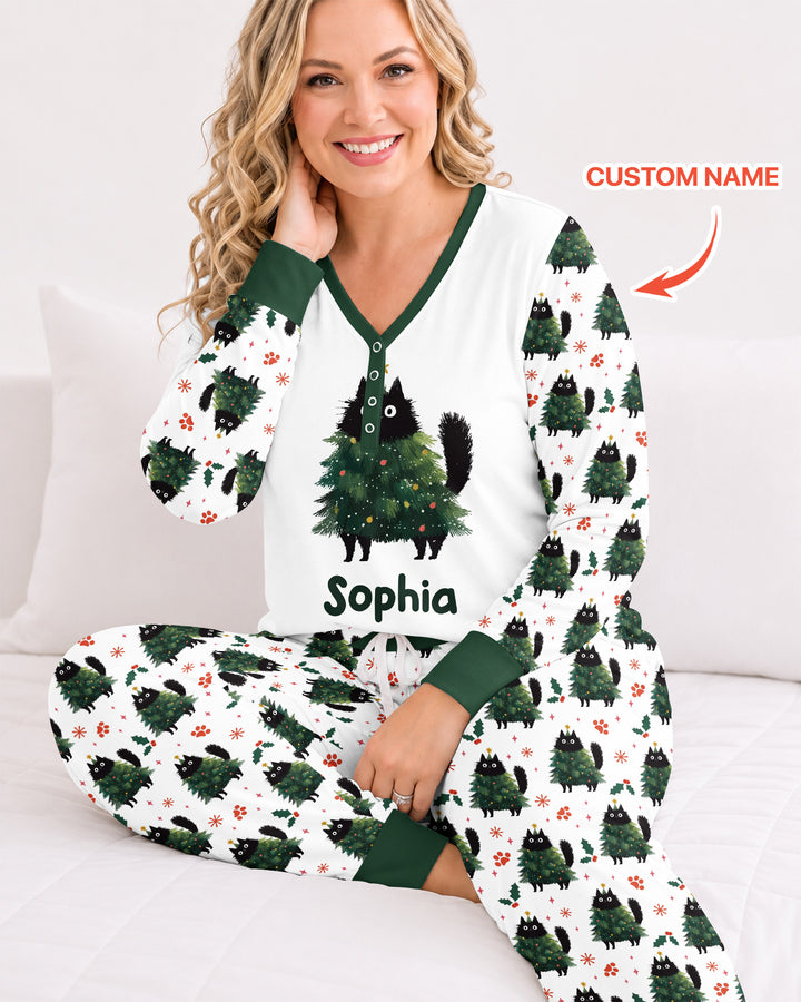 Custom Name Black Cat Christmas Bamboo Women Pajama Set