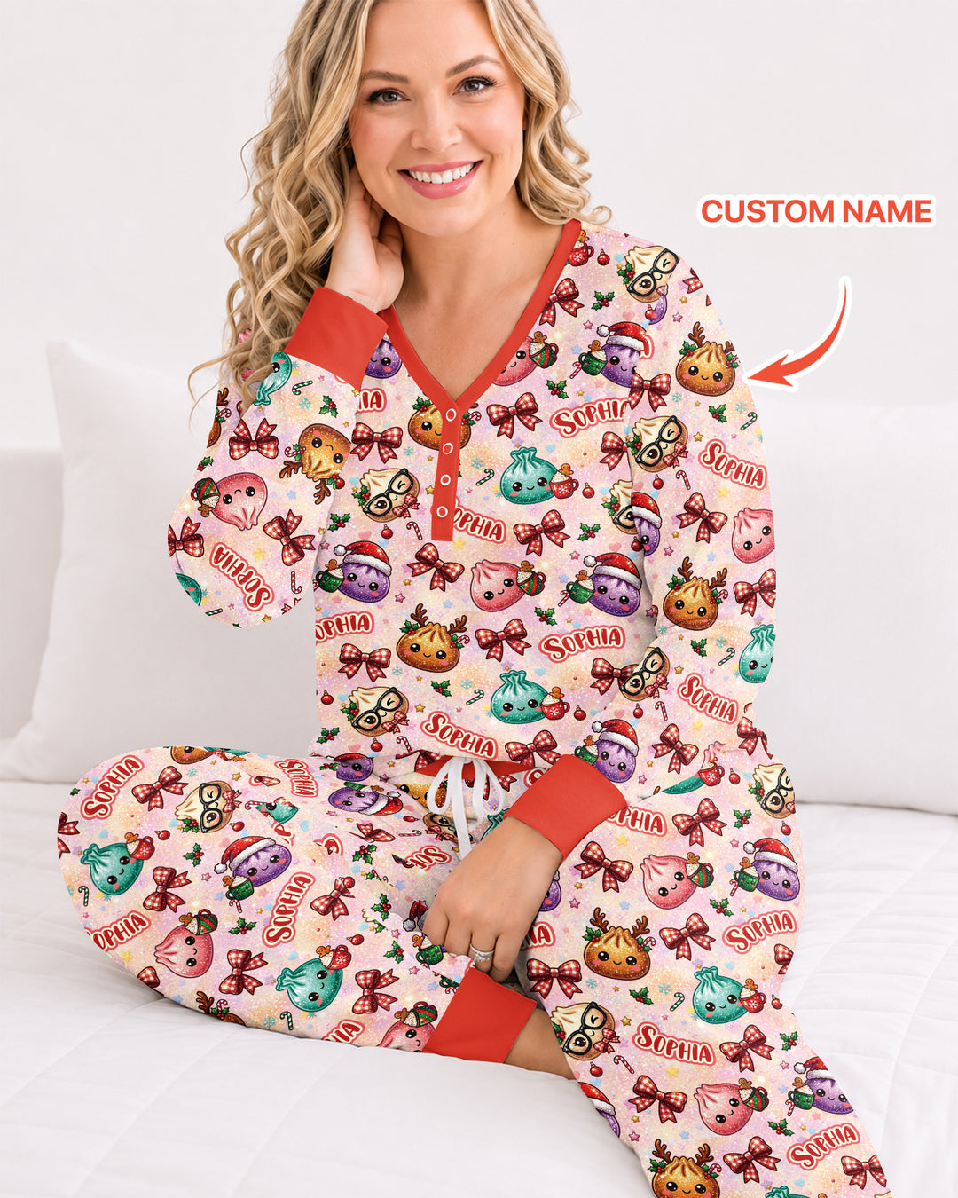 Custom Name Merry Christmas Dumpling Bamboo Women Pajama Set